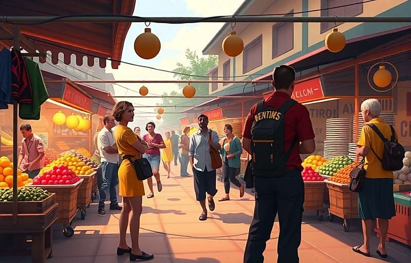 Margao Marvels Gameplay - Market Interaction Margao Marvels gameplay showing a busy Goan market scene with players interacting with vendors and other characters